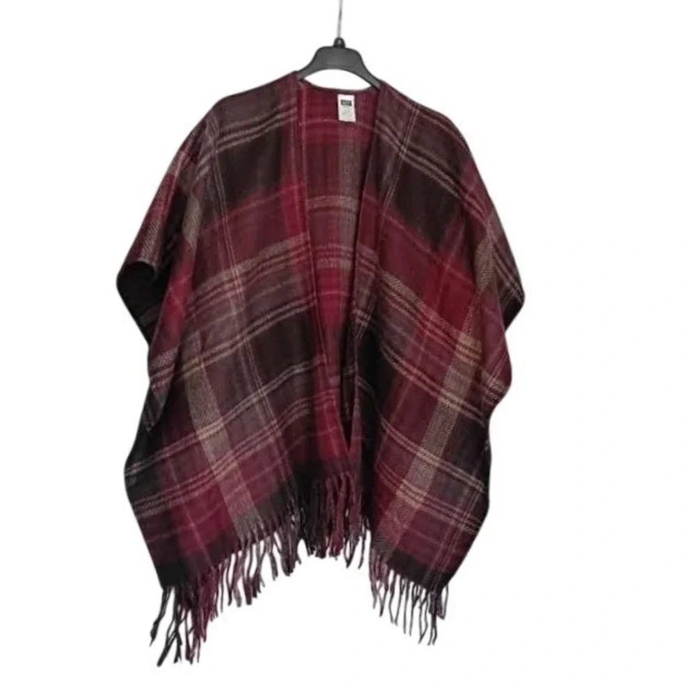 Woolrich Green Label Plaid Wrap Shawl Burgundy Wine‎ Fringed One Size Poncho
